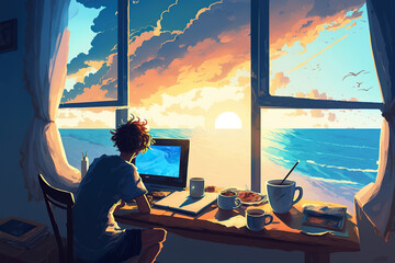 ai generated illustration man working  at computer desk with sea resort window view