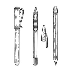 Set of pen and pencil sketch. Lettering stationery items line art. Hand drawn doodle vector illustration.