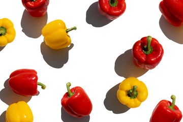 Fresh paprika pepper on a white background. Top view, flat lay