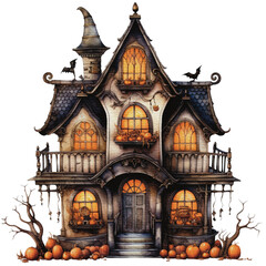 Halloween haunted house Spooky Night watercolor style isolated on white background, Halloween dark house pumpkins watercolor png illustration