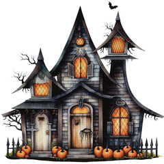 Halloween haunted house Spooky Night watercolor style isolated on white background, Halloween dark house pumpkins watercolor png illustration
