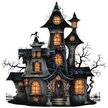 spooky haunted house watercolor style clip art preview