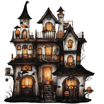 recommend clip art: Halloween haunted house Spooky Night watercolor style isolated on white background, Halloween dark house pumpkins watercolor png illustration