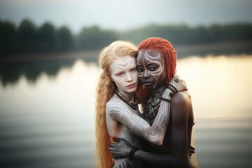 Diversity ebony and ivory image of friendship and love between different races - white caucasian albino girl and black african ginger girl hugging in seaside, wearing tribal paintings with copy space 