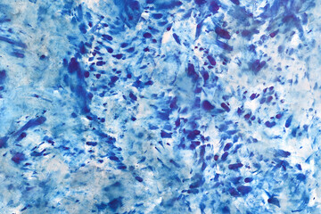 Acquerello su carta bianca, macchie di colore in varie tonalità di azzurro e blu