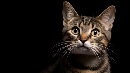 Obraz premium Advertising portrait, banner, classic striped color young cat looks straight with green eyes, isolated on black background