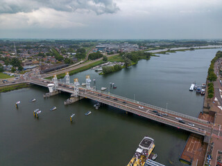 Aerial drone photo of the Stadsbrug in Kampen, the Netherlands. It is a beautiful bridge over the...