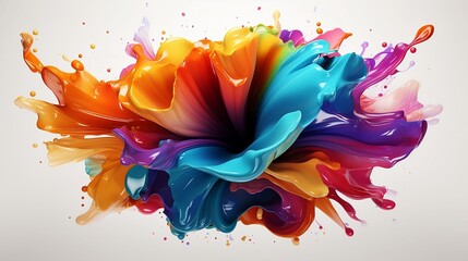 Explosion of orange blue colorful liquid paint splatter on white background abstract dynamic ink...