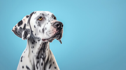 Advertising portrait, banner, black and white dalmatian with serious look, isolated on light blue background