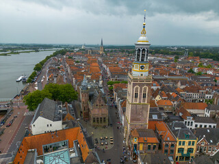 Aerial drone photo of the nieuwe toren in Kampen, the Netherlands