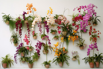 Fototapeta na wymiar Composition of various orchid plants on a white wall