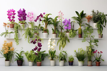 Composition of various orchid plants on a white wall