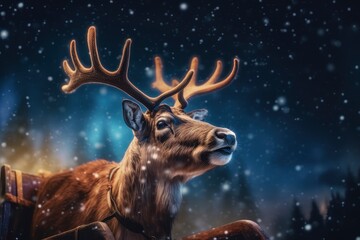 Winter themed backdrop featuring reindeer. A white deer with antlers standing in a forest. Beautiful white Scandinavian reindeer. Deer in the snow, winter greetings. Portrait of deer with stags.