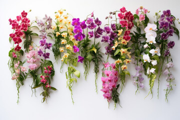 Composition of various orchid plants on a white wall