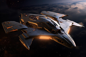 Futuristic Sci-Fi Spaceship fighter flying fast  through stars and galaxies.