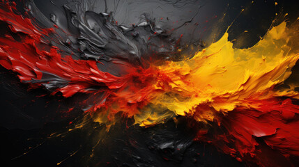 Red and Yellow Paint Explosion on Black grunge textured Canvas in Abstract Art