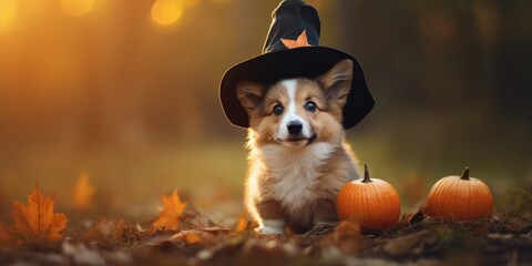 Puppy Dog dressed as a witch for Halloween in autumn background, Happy Halloween Day, generative ai