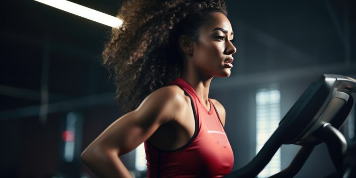 Young woman in sportswear running on a treadmill during a workout at the gym, Fitness female using machine for cardio workout at gym, generative ai