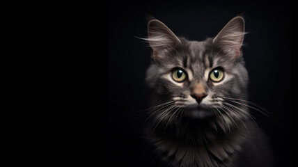 Fototapeta na wymiar Advertising portrait, banner, wonder cat classic striped color, fluffy wool, straight look, isolated on dark black background