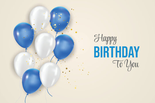 Happy birthday wish illustration with 3d realistic blue  air balloon on white background with text and glitter confetti