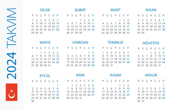 Calendar 2024 Horizontal - illustration. Turkish version