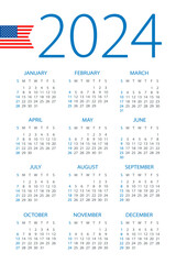 Calendar 2024 - illustration. American version. Week starts on Sunday