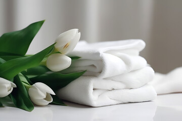 Fototapeta na wymiar A Bouquet of White Beautiful Tulips Lies Next to a Stack of White Soft Fresh Towels: AI Generated