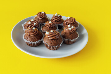 Mini chocolate cupcakes on a plate on a yellow background