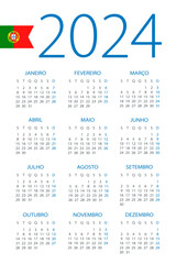 Calendar 2024 - illustration. Portuguese version. Week starts on Monday
