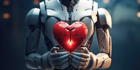 Close-up robot AI hand holding red heart, generative ai