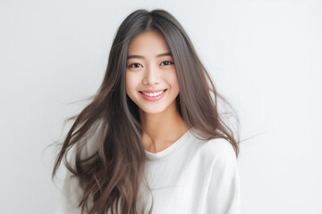 Cheerful Asian teen with long hair, white T-shirt, in front of a plain white studio, softly lit. Suitable for diverse projects. generative AI. - obrazy, fototapety, plakaty