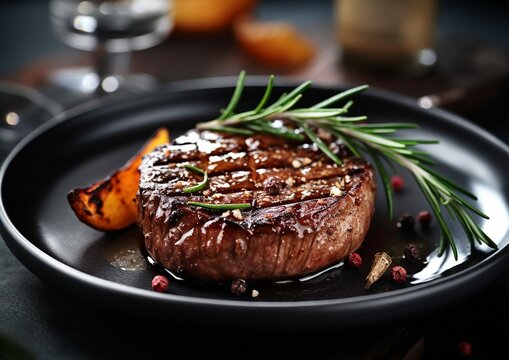 Grilled beef steak in a small plate with rosemary and black pepper served on a plate in restaurant.AI Generative