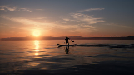 Single stand up paddler standing on the boar in front of the orange down going sun. Generative AI.