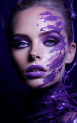 purple makeup art on fashion model portrait,