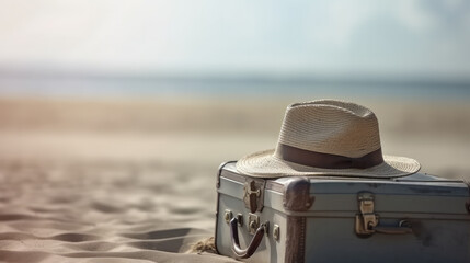 Summer hat and a suitcase standing in the sand at the beach as a symbol for holidays. Generative AI.