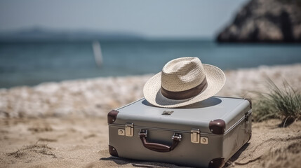 Summer hat on top of a silver suitcase standing at the beach. Generative AI.