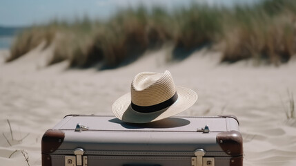 Single silver suitcase and a summer hat on top standing at the beach. Generative AI.