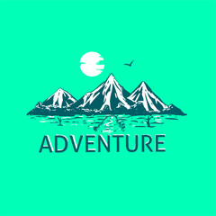 mountain vector logo with snow peaks, sun, and flying bird. Great for travel branding, outdoor gear, and nature exploration design