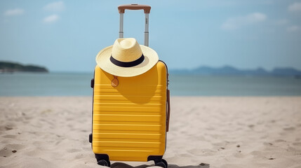 Single yellow suitcase and a summer hat on top standing at the beach in front of the ocean as a symbol for summer holidays. Generative AI.