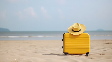 Single yellow suitcase and a hat standing at the beach in front of the ocean as a symbol for holiday. Generative AI.
