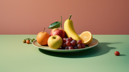 Fruit plate on a table, delicate colors advertising shot empty space on yellow green background
