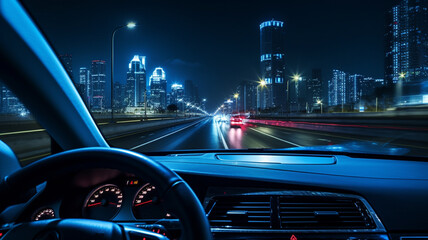 Driving the car at night. Point of view of driver from inside car. Night city.