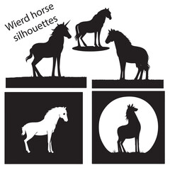 Black and white vector flat illustration: horse silhouette stamp collection