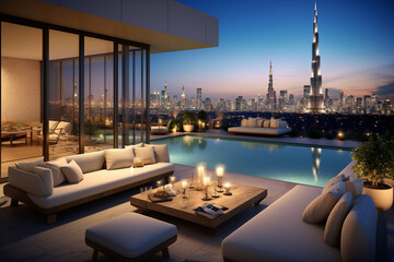 Impressive spacious penthouse terrace with pool and views of Dubai. Skyscrapers of the United Arab Emirates.