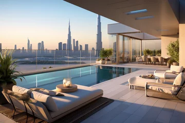 Papier Peint photo Burj Khalifa Impressive spacious penthouse terrace with pool and views of Dubai. Skyscrapers of the United Arab Emirates.
