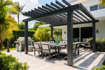 Cozy patio with sofas and a table. Pergola shade over patio.