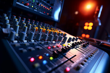 Fototapeta na wymiar DJ studio sound console for mixing tracks and processing sounds.