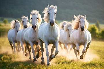 A herd of white horses runs across the meadow at sunset. - obrazy, fototapety, plakaty