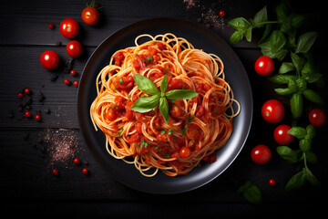 Spaghetti, pasta with tomato sauce and herbs on a plate on a dark background. Top view. - Powered by Adobe