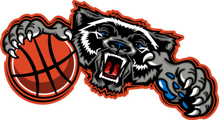 mean wolverine mascot holding basketball for school, college or league sports